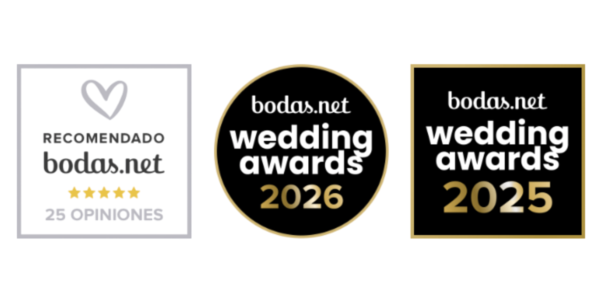 Recomendado en Bodas.net con 5 estrellas. Ganador Wedding Awards 2025 y 2026 de Bodas.net.